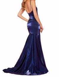 Sherri Hill Satin Maxi Dress in navy - women's dress - detail view