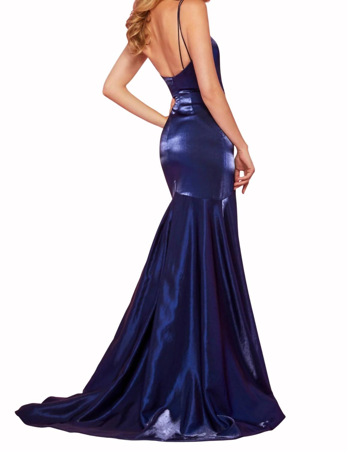 Sherri Hill Satin Maxi Dress in navy - women's dress - detail view