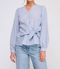 Allie Rose - Cotton Long Sleeve Pinstripe Blouse With Side Tie