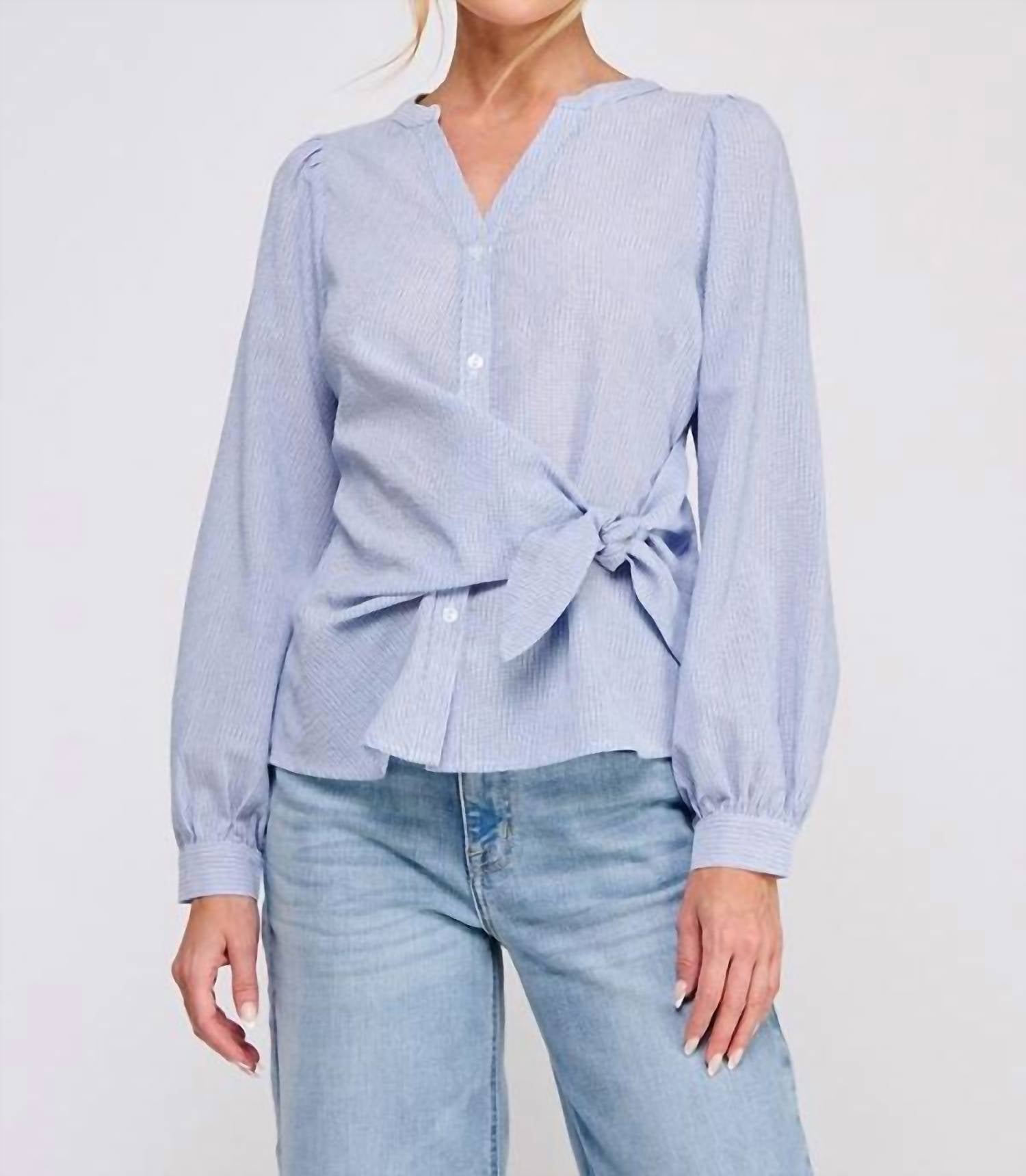 Allie Rose - Cotton Long Sleeve Pinstripe Blouse With Side Tie