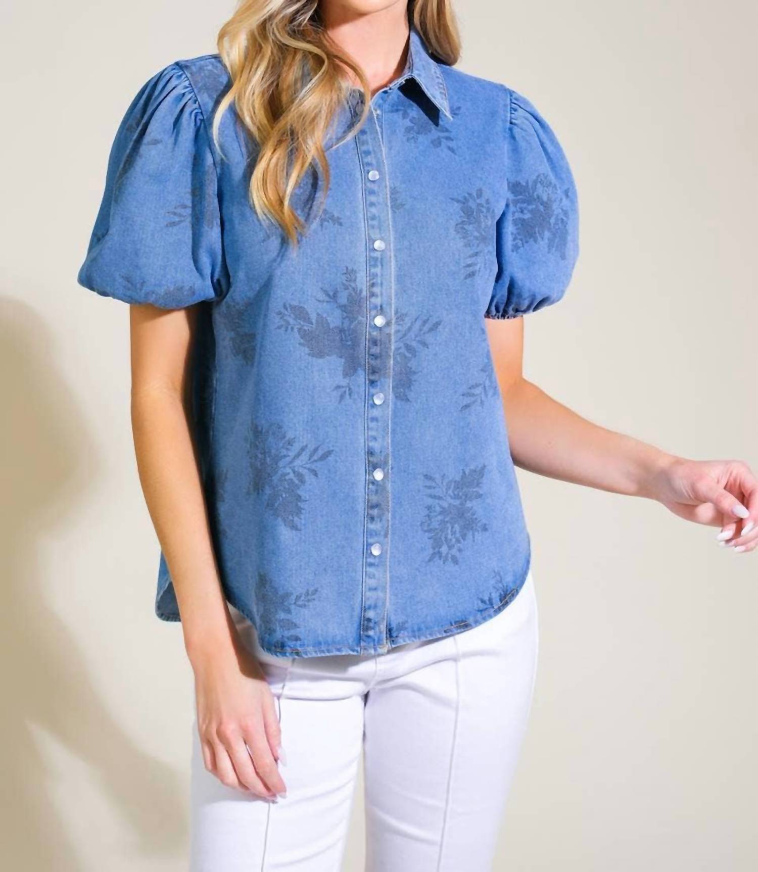 FLYING TOMATO Selena Floral Print Washed Denim Top in medium blue - women's blouse - view 6