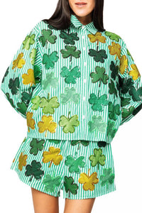 QUEEN OF SPARKLES Rhinestone Shamrock Set in green and white striped - women's sleepwear