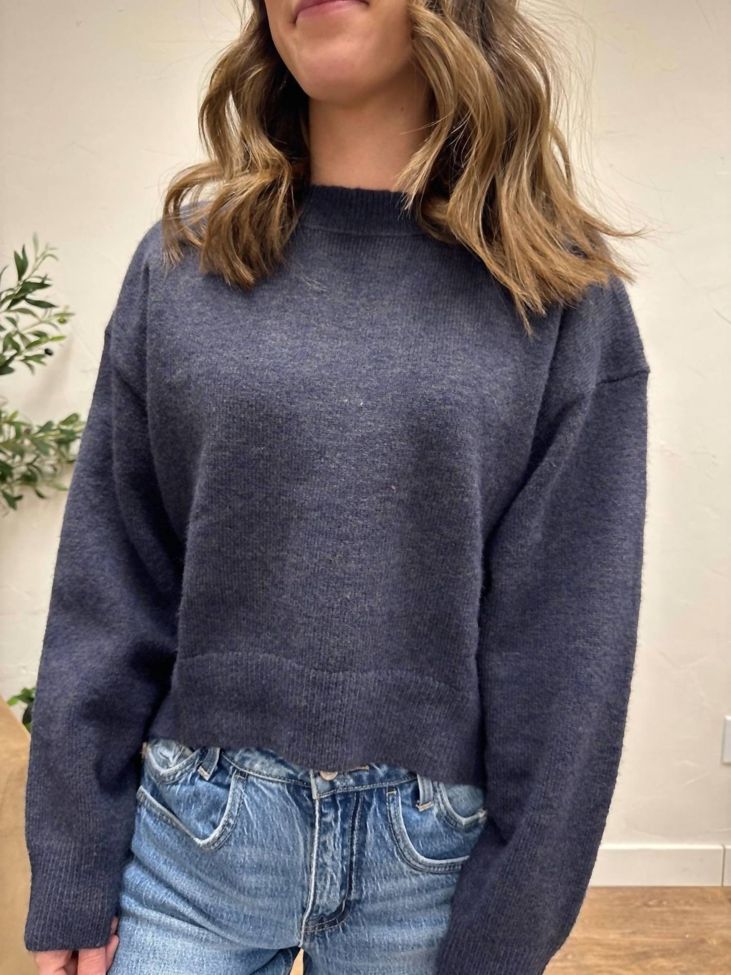 GRADE & GATHER Seam Detail Round Neck Sweater in navy - women's sweater