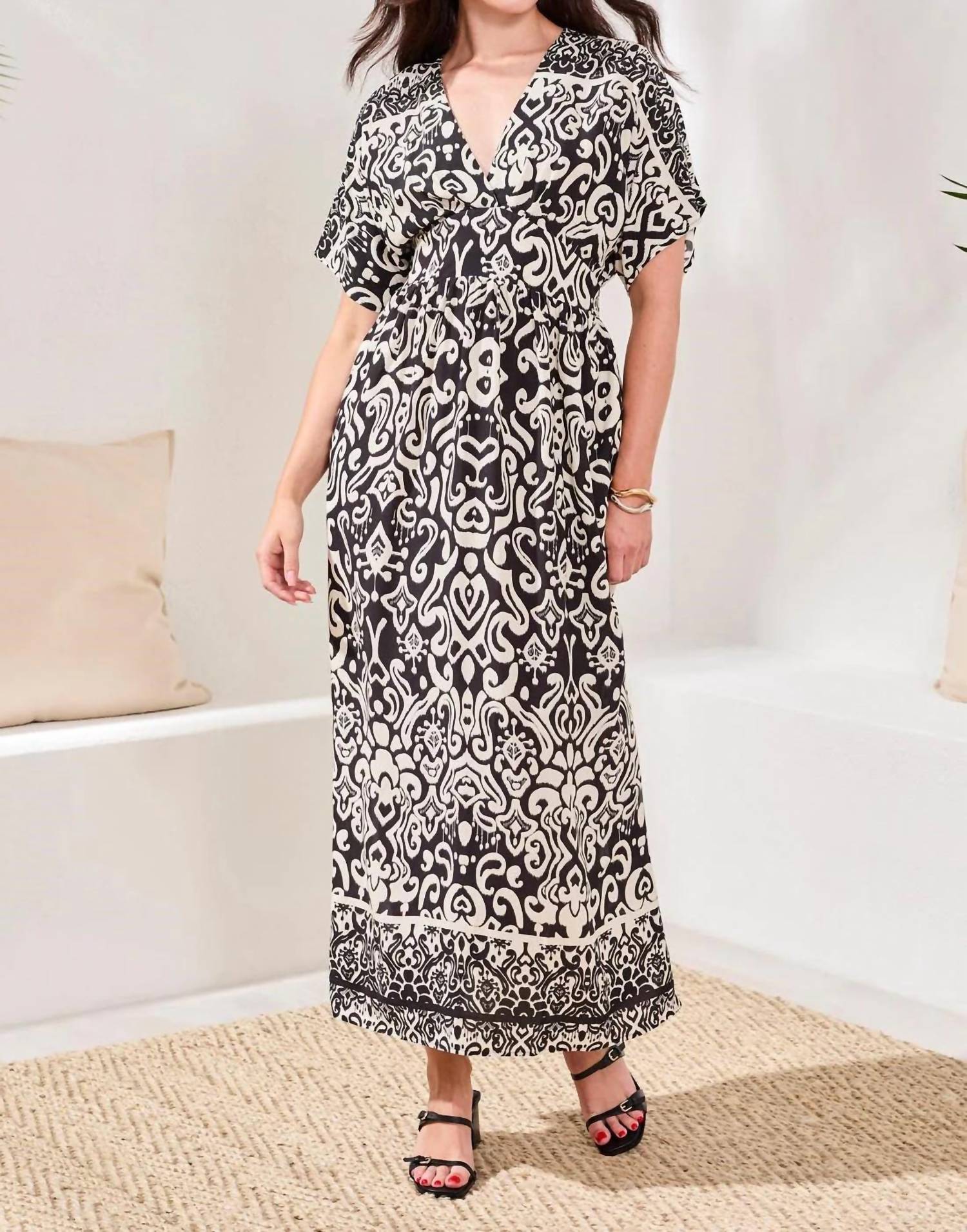TRIBAL Printed Soft Challis V-neck Empire Waist Maxi Dress in black - women's dress