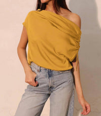 Tyche - Washed Poly Silk Asymmetrical Drawstring Top