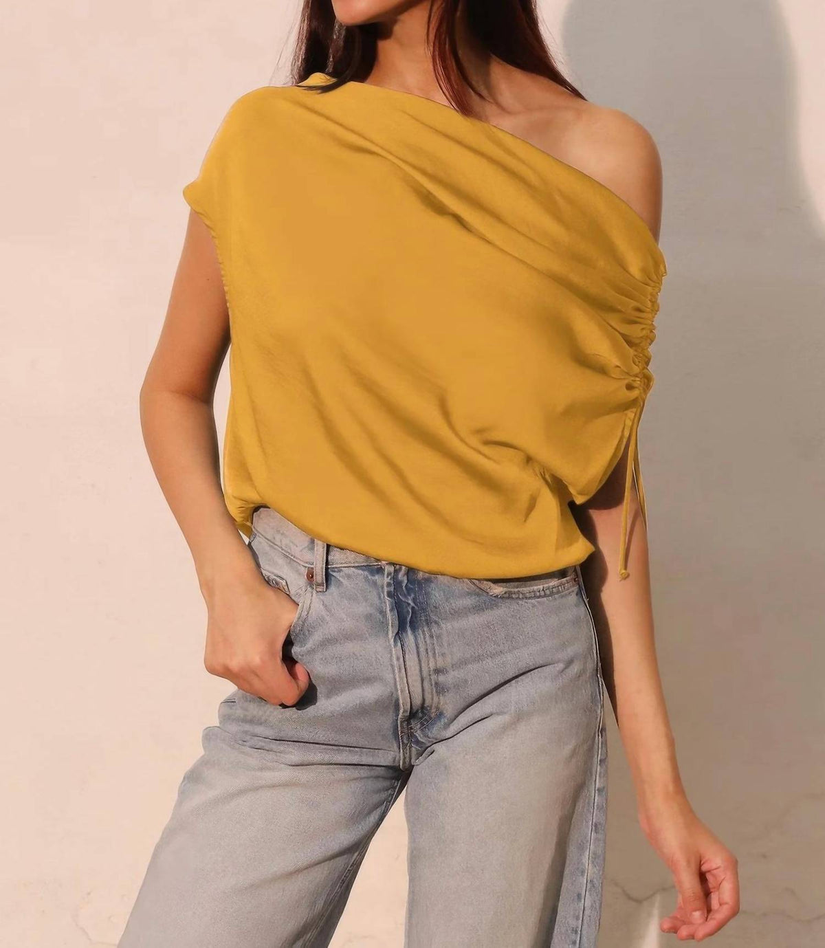 Tyche - Washed Poly Silk Asymmetrical Drawstring Top