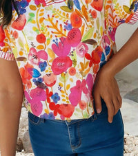 Little Daisy Closet - Striped Trim Collared V Neck Floral Blouse