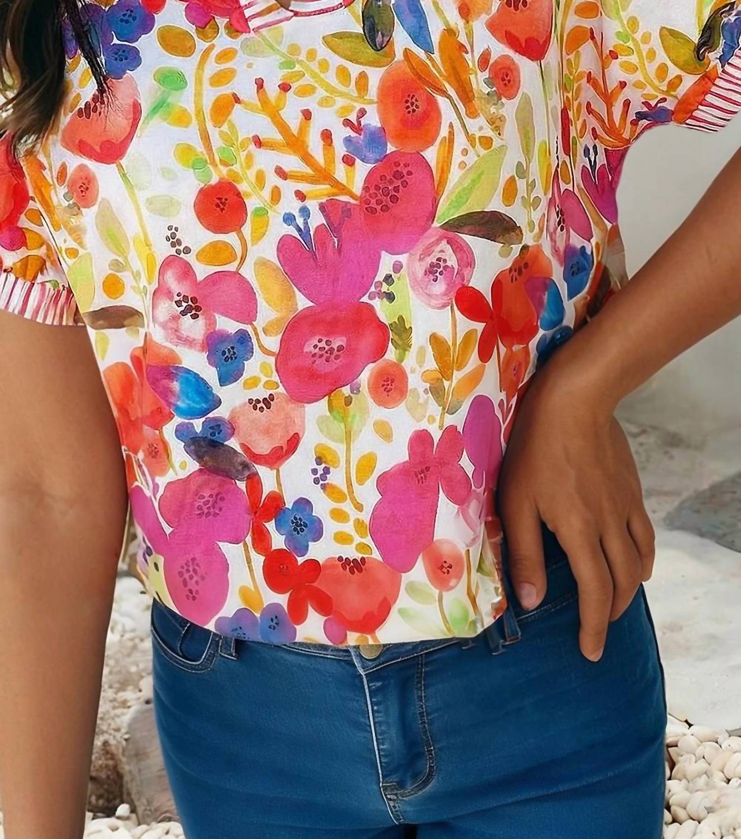 Little Daisy Closet - Striped Trim Collared V Neck Floral Blouse
