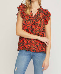entro Floral Ruffle Sleeve Top in black - women's blouse - detail view