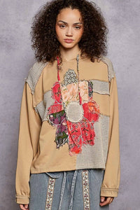 Pol - Long Sleeve French Terry Printed Flower Patch Knit Top