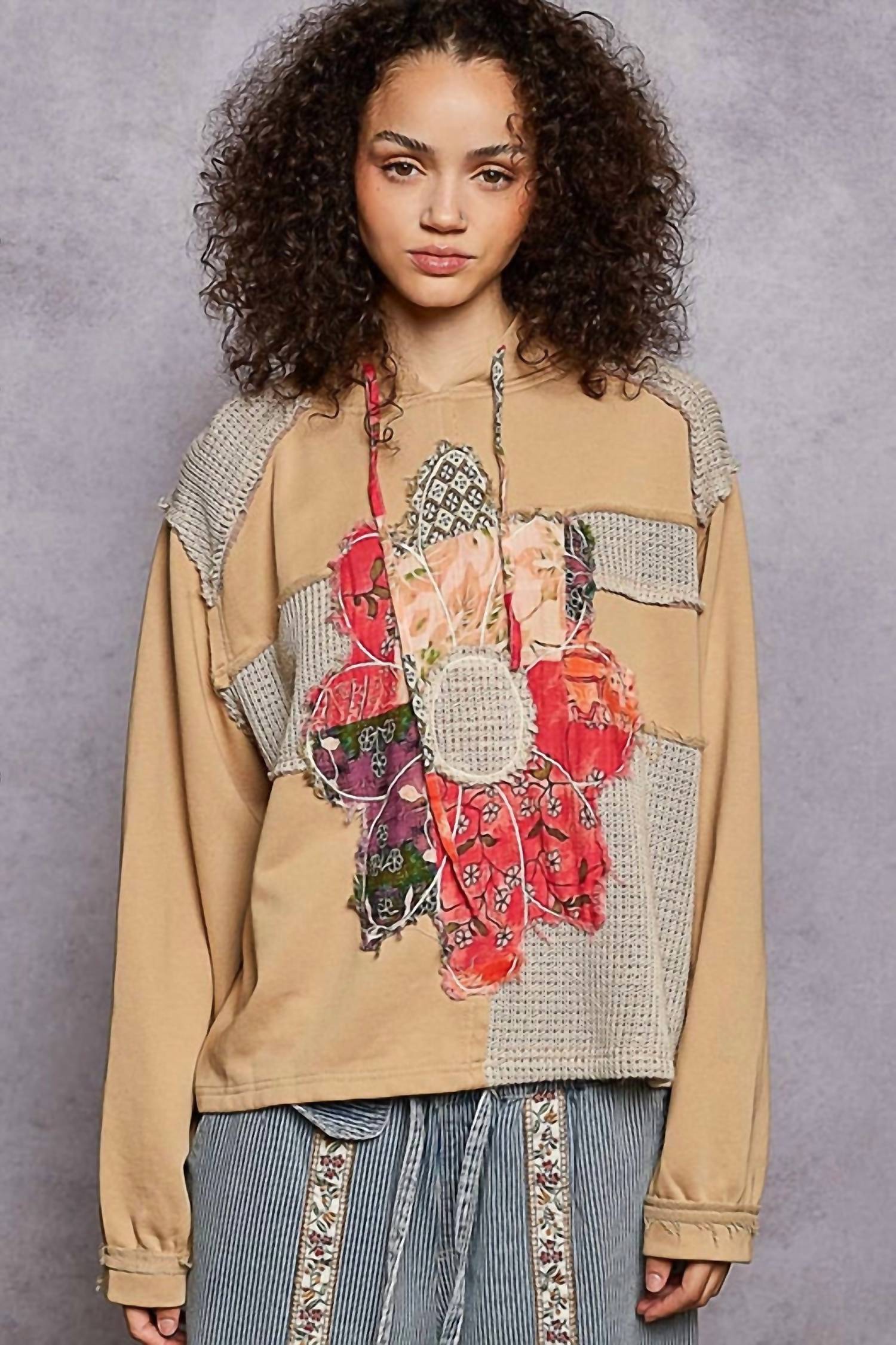 Pol - Long Sleeve French Terry Printed Flower Patch Knit Top