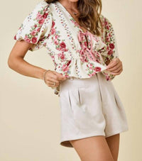 Day + Moon - Floral Print Blouse With Bubble Sleeves