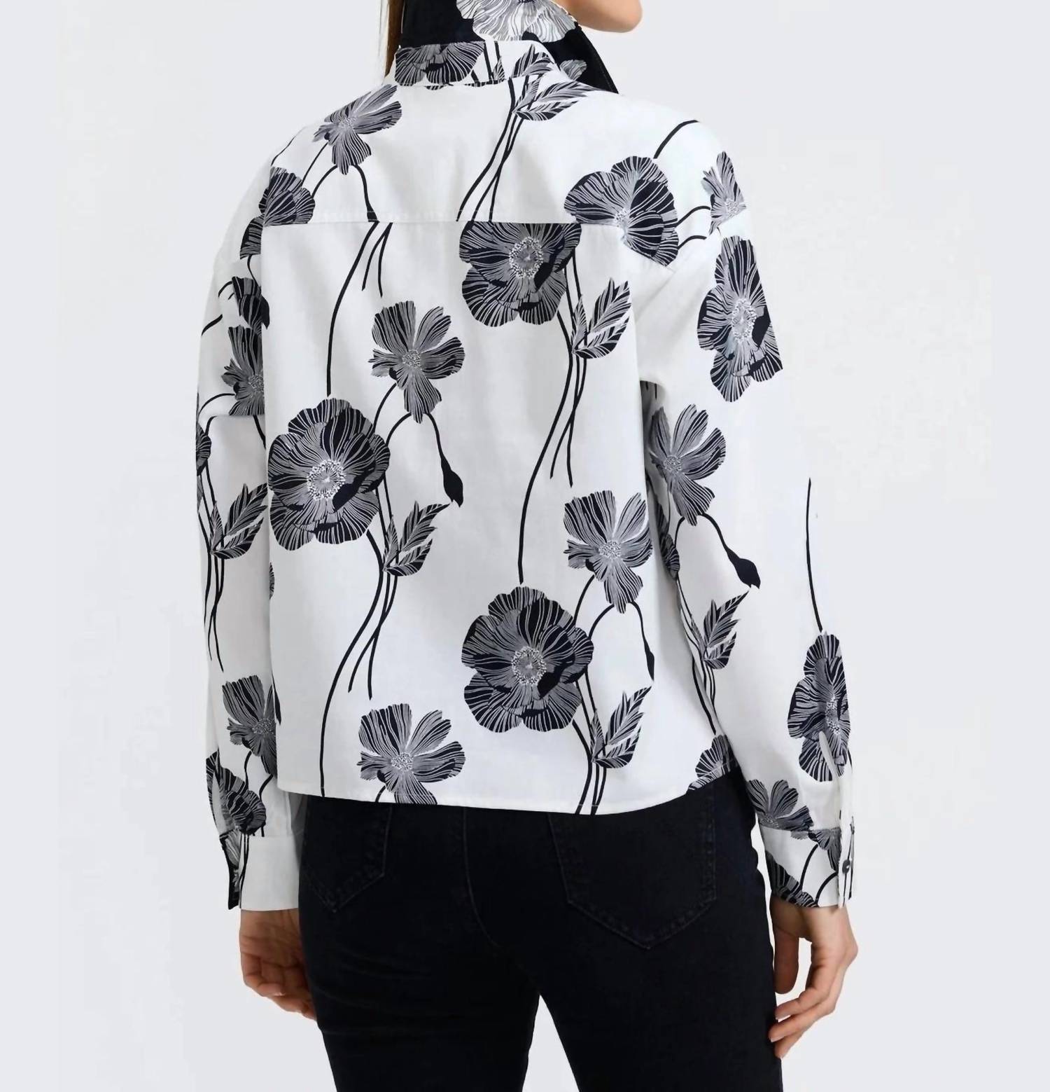 Foxcroft Marina Poppy Long Sleeve Shirt in light black poppy - women's long sleeve top - detail view