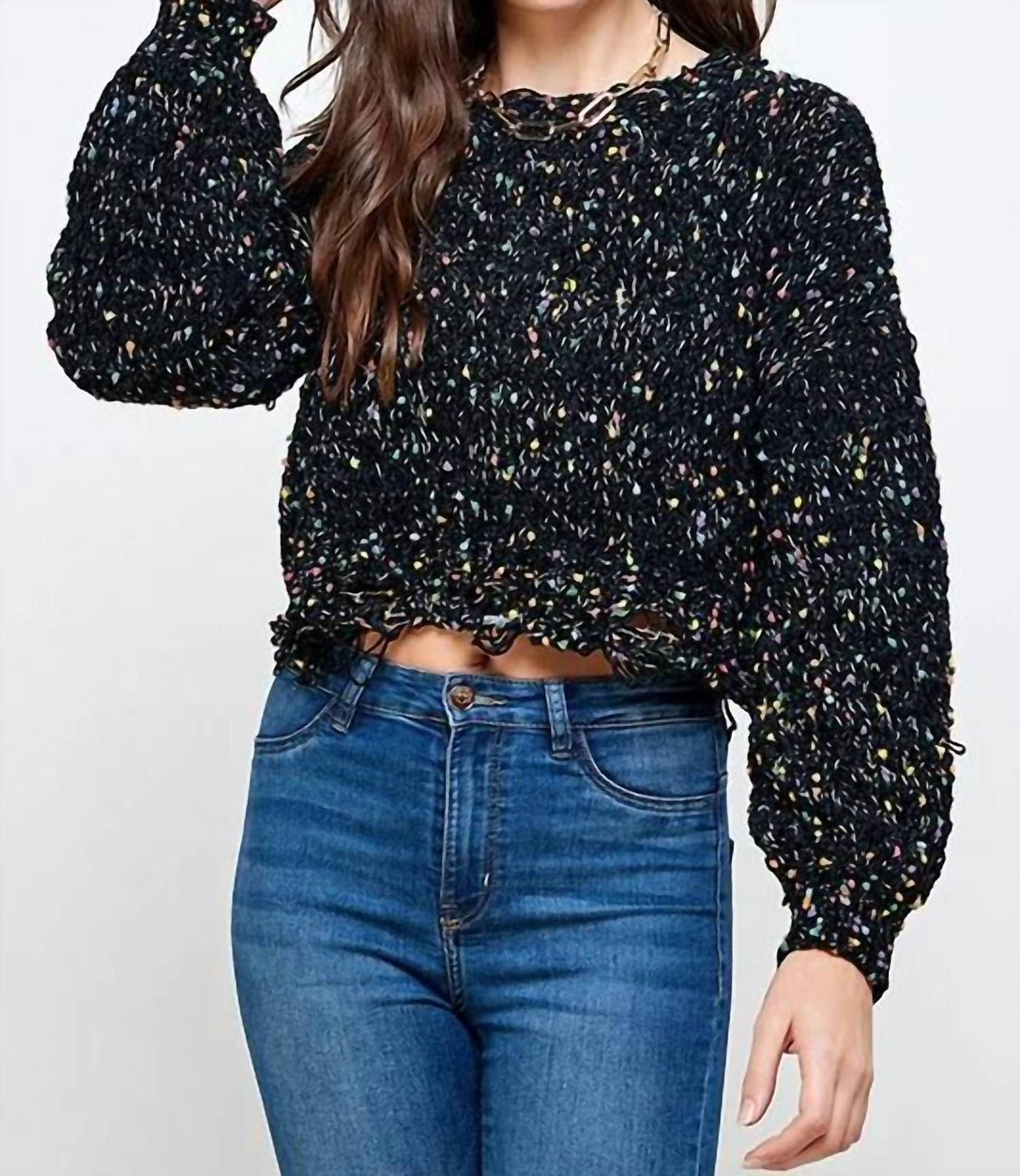 Sweet Generis - Chenille Popcorn Speckles Distressed Crop Sweater