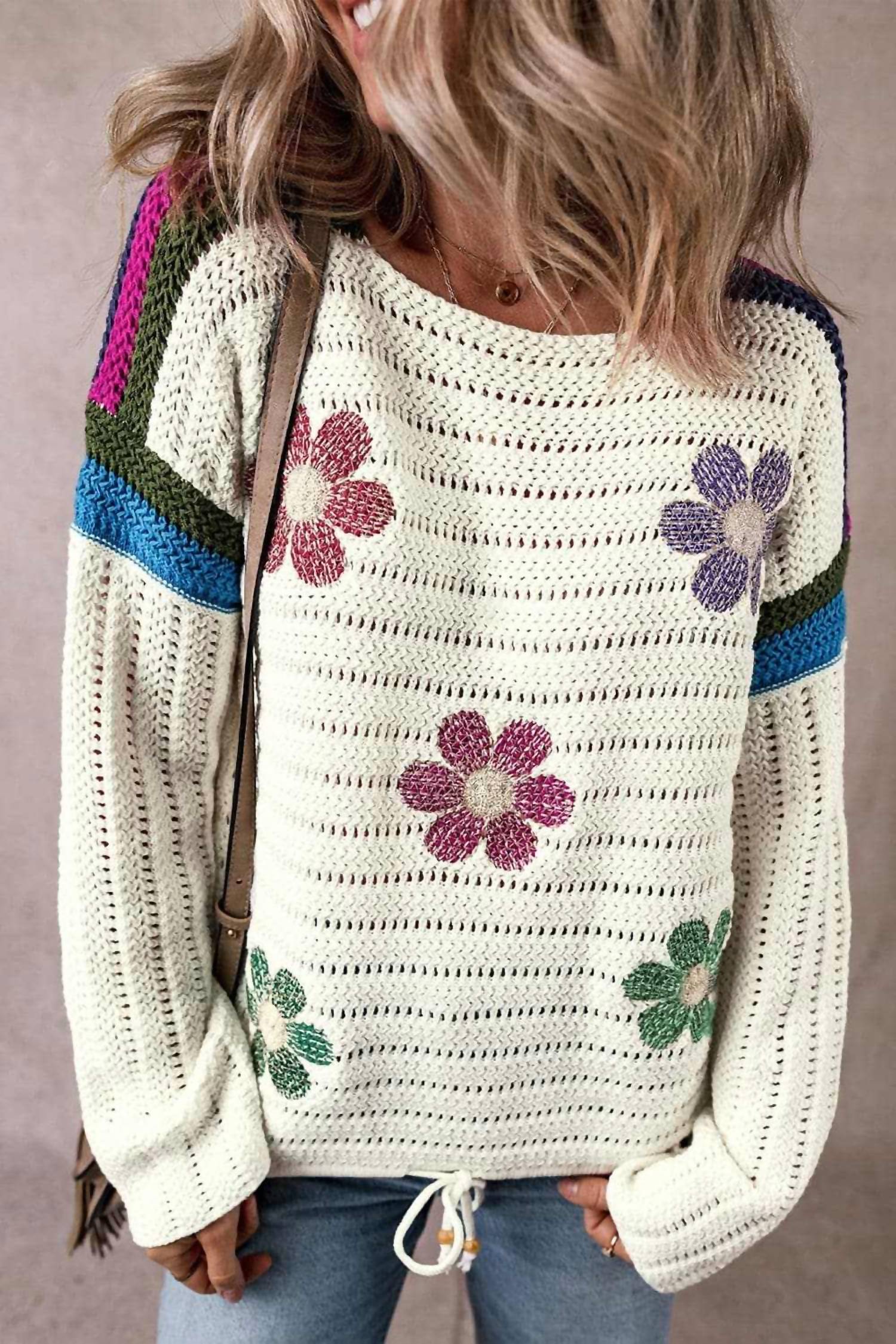 Trendsi - Floral Long Sleeve Drawstring Sweater