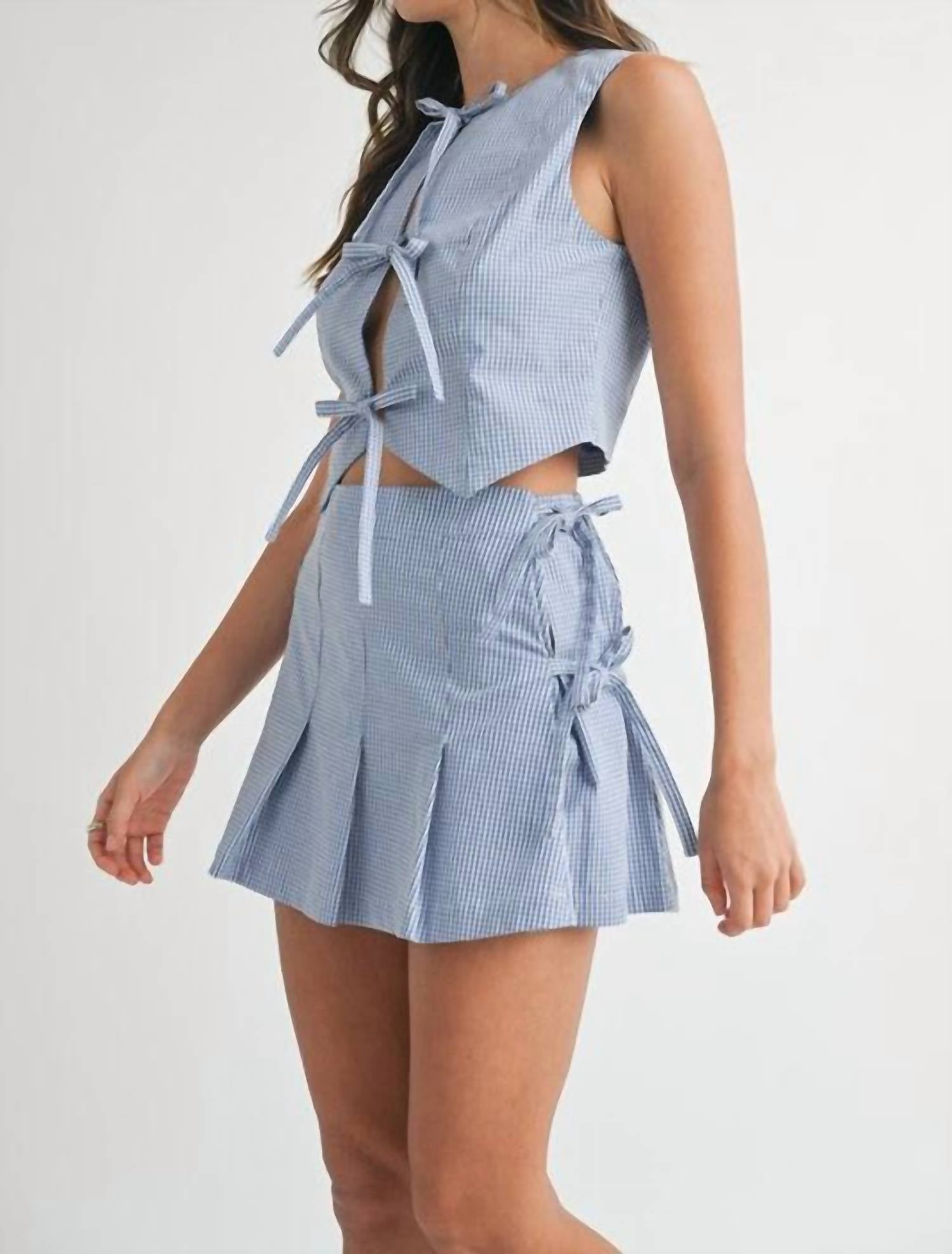 Mable - Gingham Tie Front Bow Tie Top Pleated Mini Skirt Set