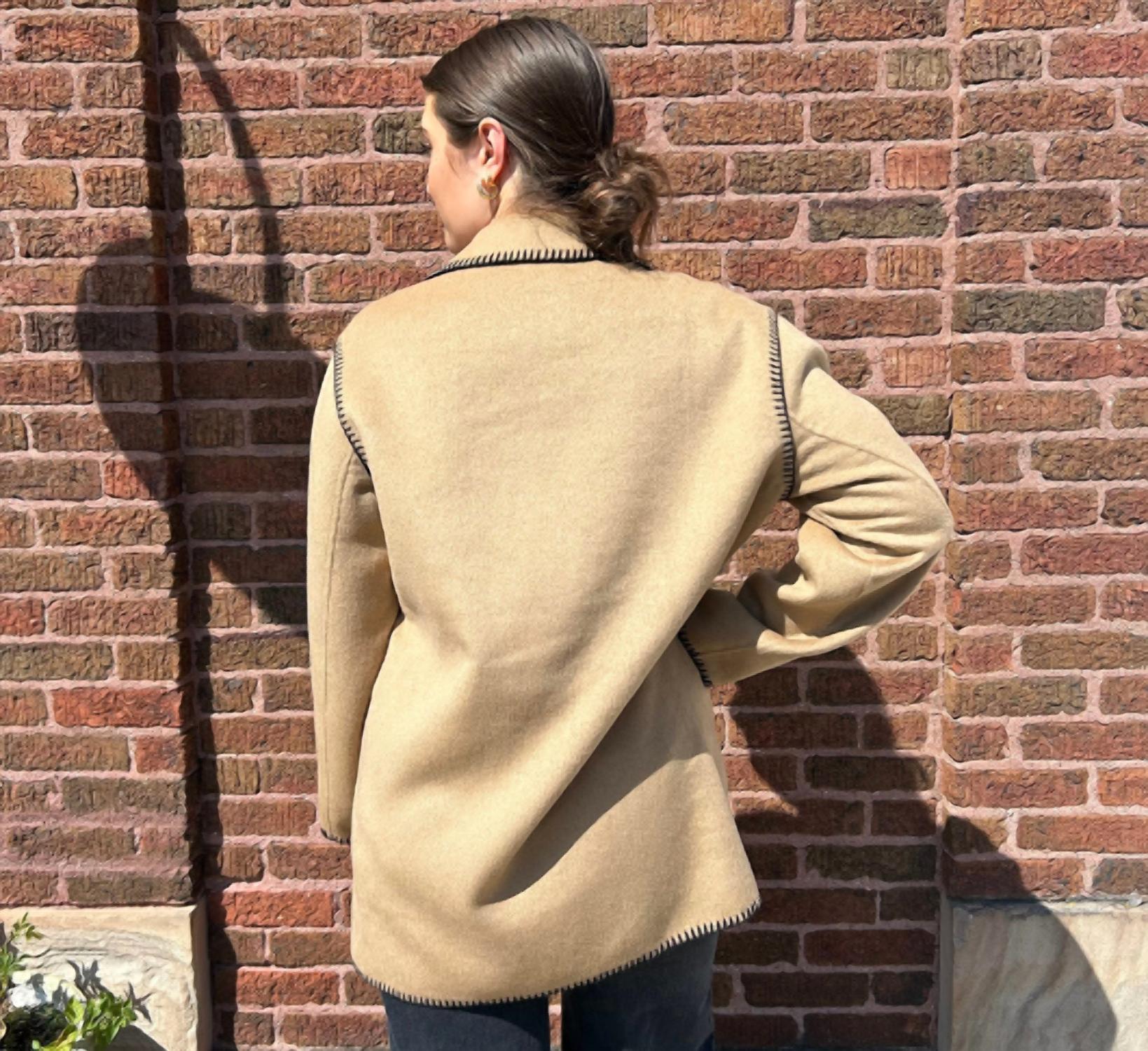 Elliott Lauren Whipstitch Wool Blend Coat in camel and black - women's jacket - detail view