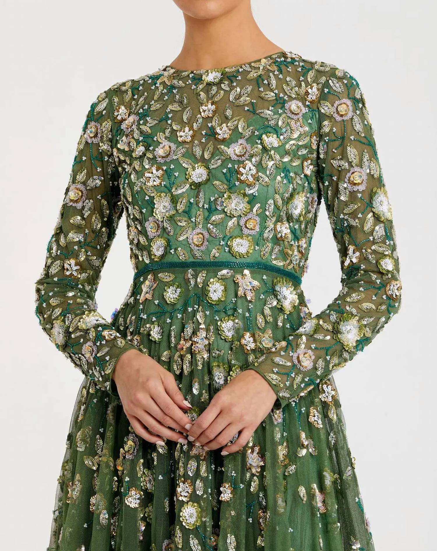 Mac Duggal - Embellished High Neck Long Sleeve A Line Gown