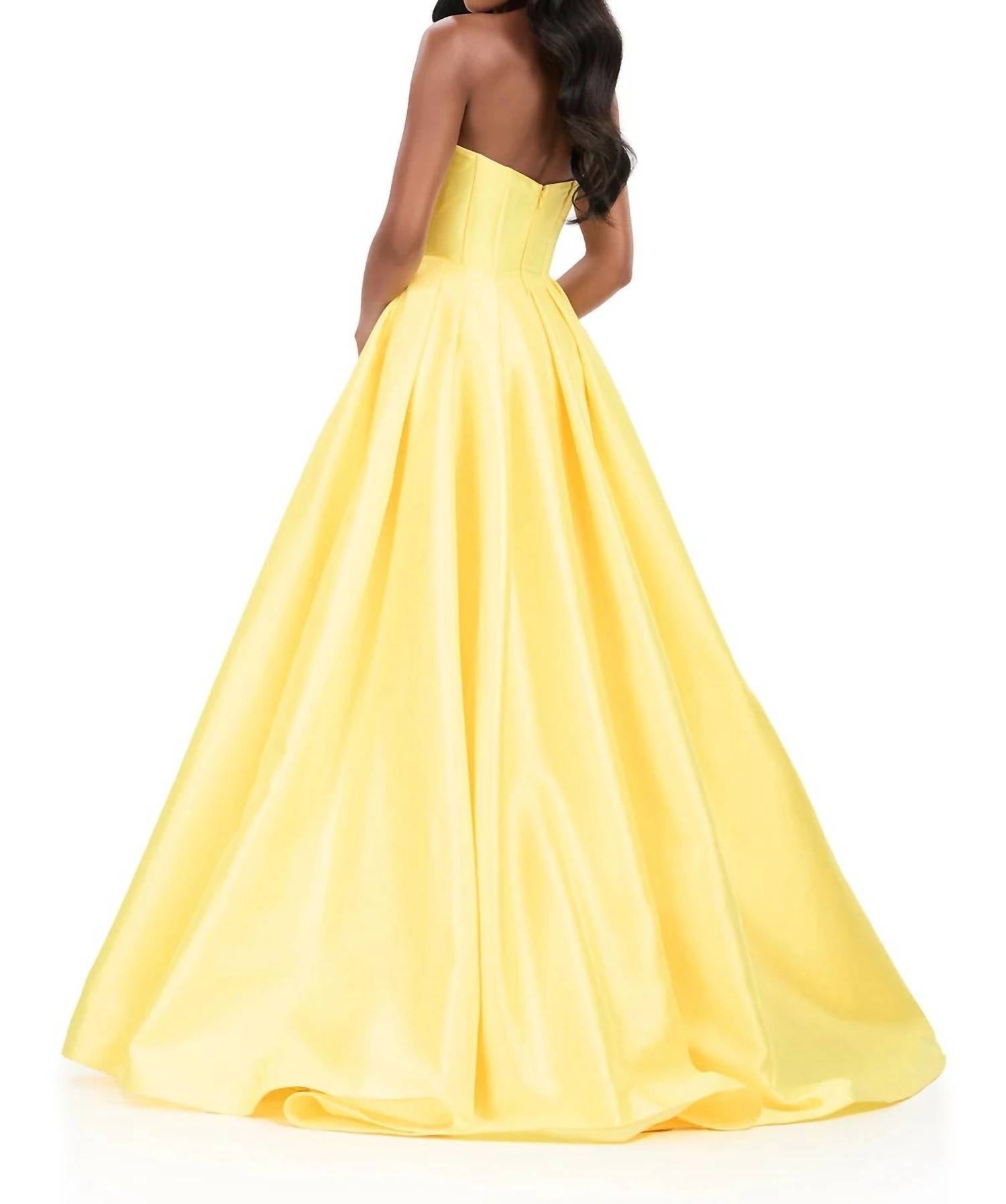 ASHLEYlauren Regal Strapless Mikado Ballgown in yellow - women's dress - detail view