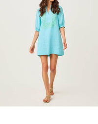 Lilly Pulitzer Mialeigh Elbow Sleeve Linen Dress in capri blue x resort white - women's dress - view 5