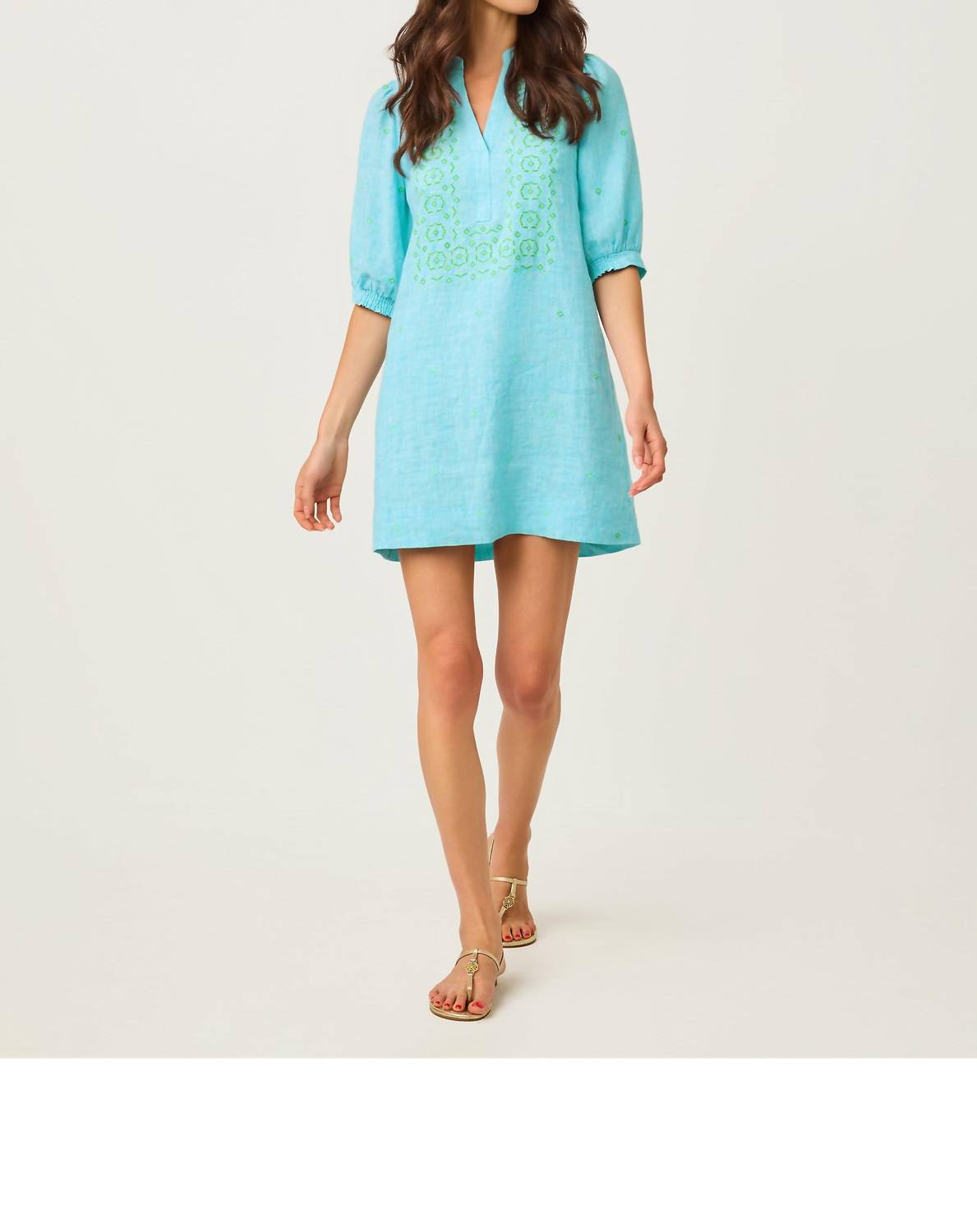 Lilly Pulitzer Mialeigh Elbow Sleeve Linen Dress in capri blue x resort white - women's dress - view 5
