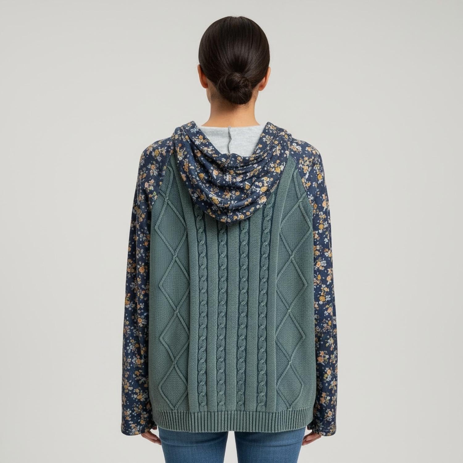 Pol - Embroidered Cable Knit Floral Hoodie Cardigan