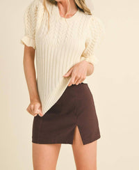 &Merci - Cable Knit Ruffled Puff Sleeve Sweater