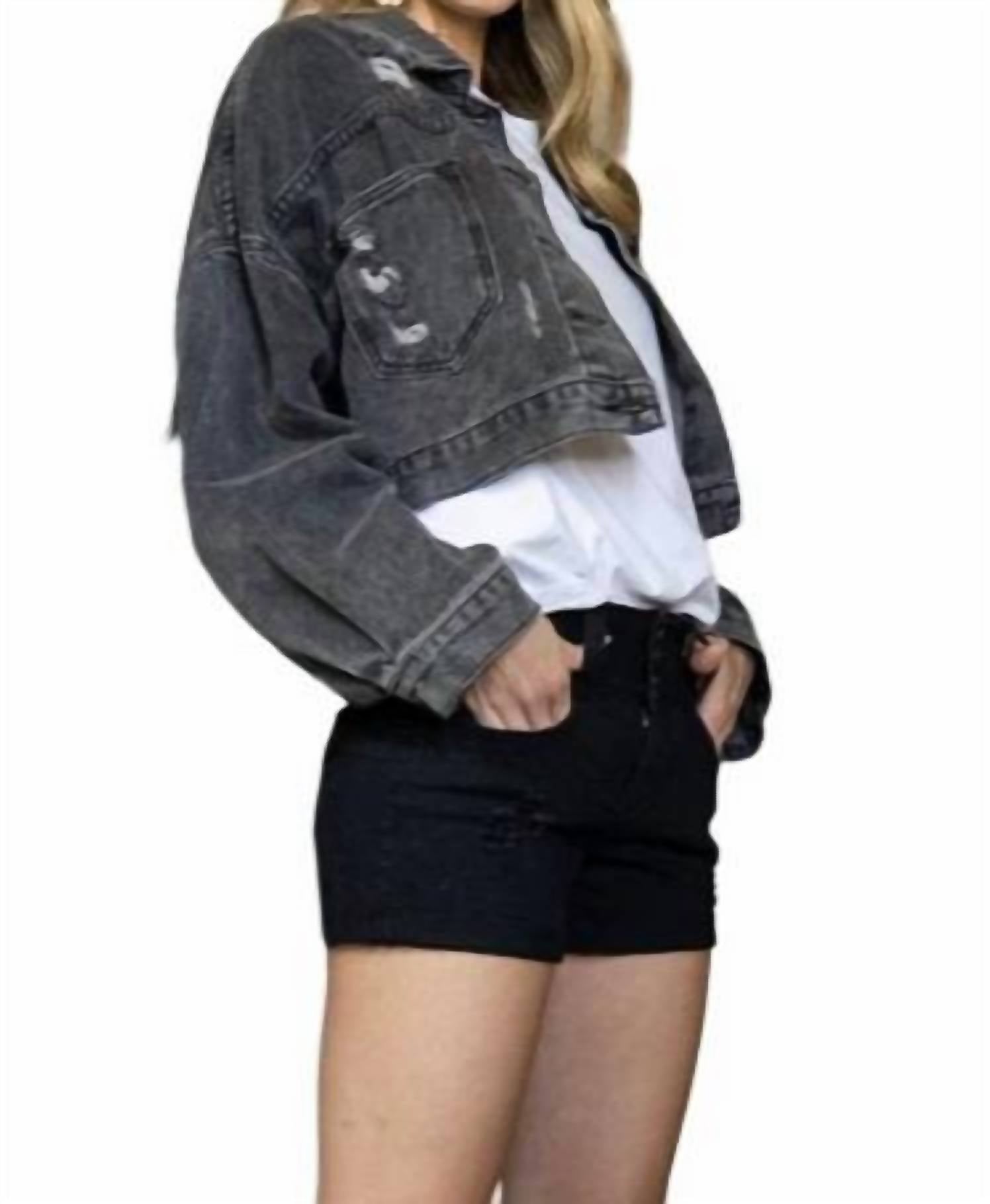 Blue B Rhea Rhinestone Fringe Distressed Denim Jacket in charcoal - women's jacket - alternate view