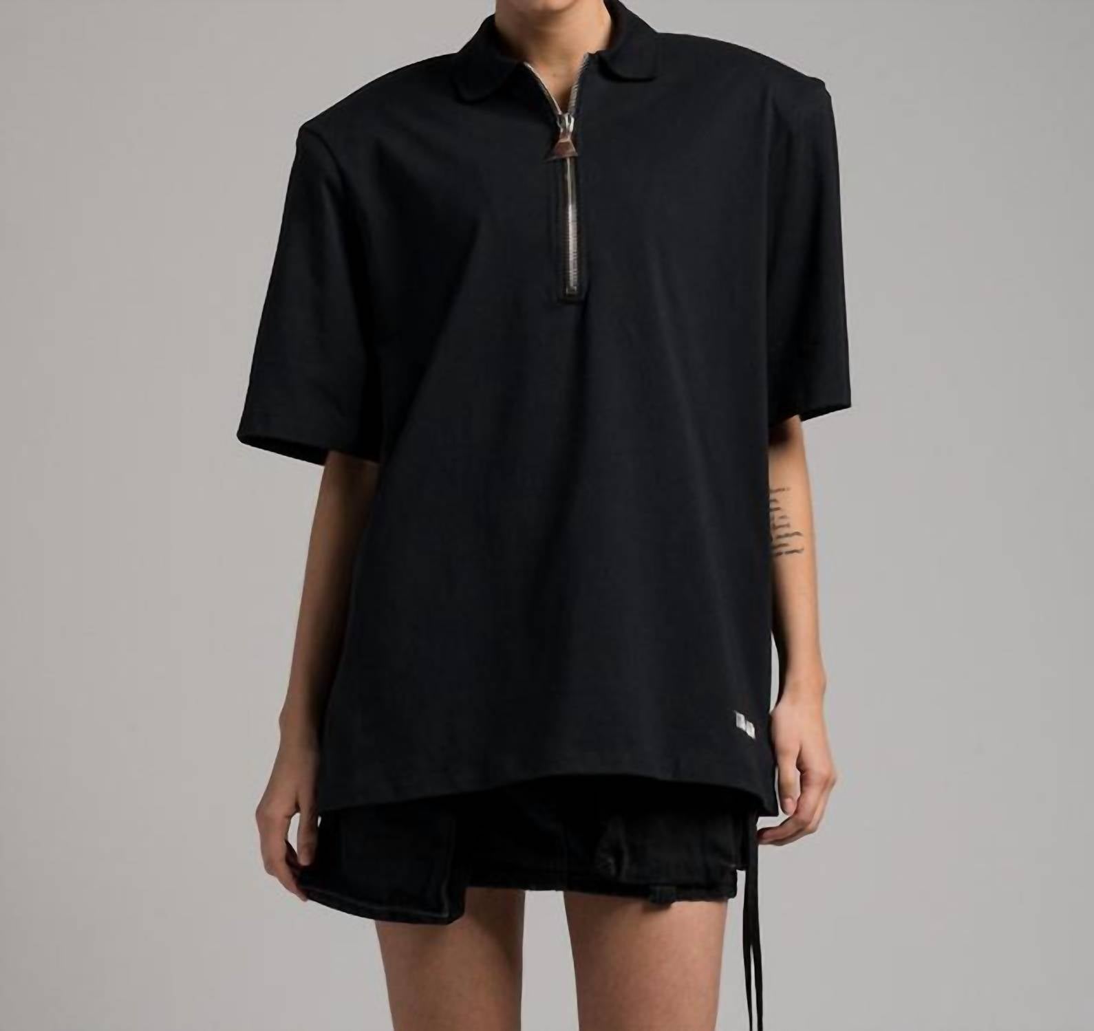 THE ATTICO Pre-loved Polo Shirt With Front Zip With Logo And Shoulder Pads in black - women's t-shirt