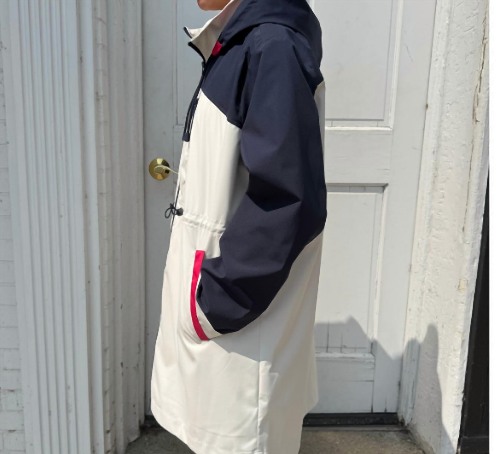 NIKKI JONES Long Lightweight Raincoat With Hood in navy and pink - women's jacket - detail view