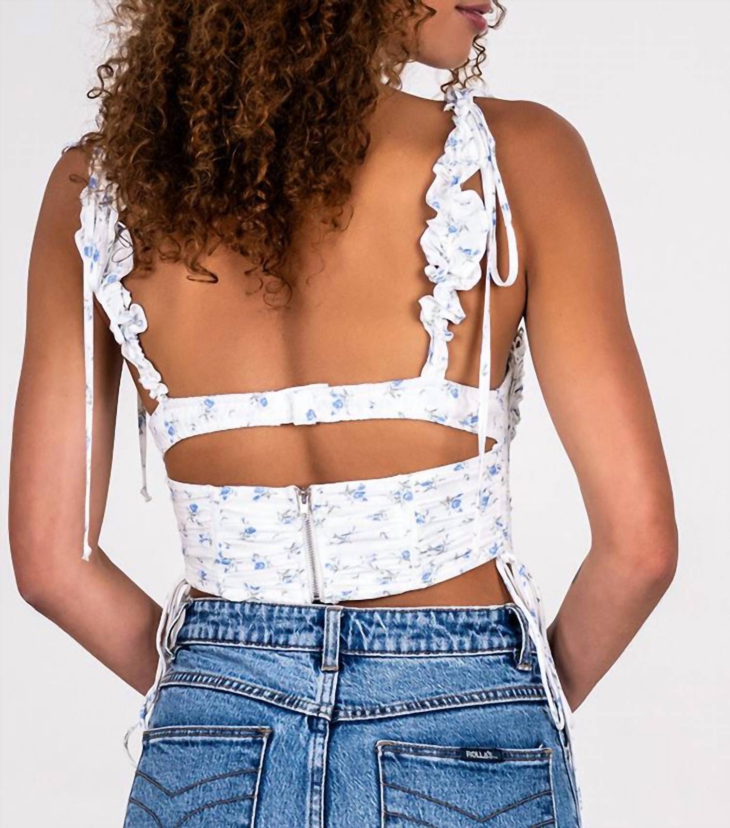 Sky to Moon Ditsy Corset Top in blue floral - women's shirt - alternate view