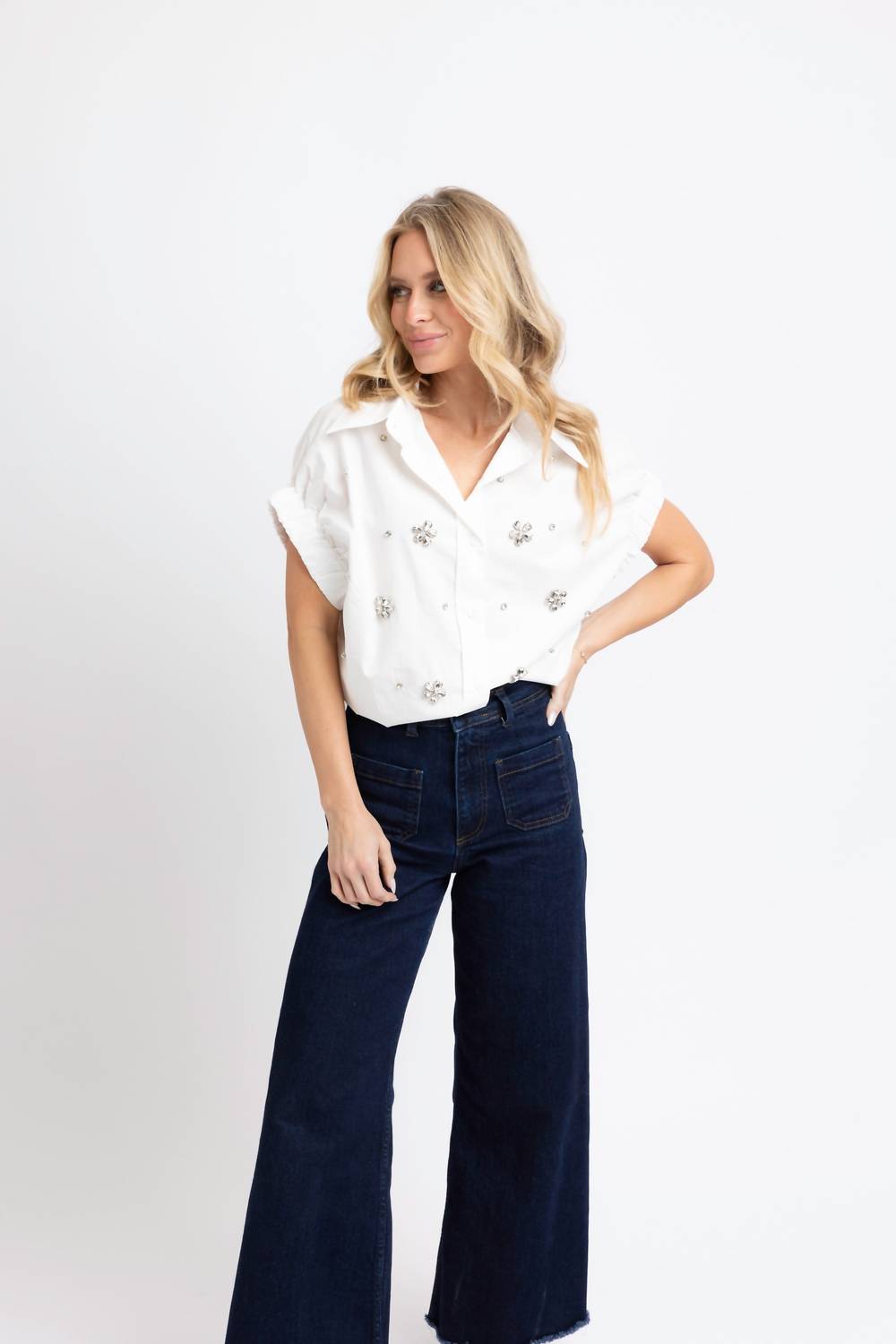 Karlie - Solid Poplin Jeweled Top