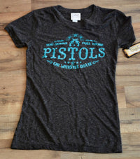 Cowgirl Justice You Gonna Pull Those Pistols Tee in dark gray with turquoise writing - women's t-shirt - detail view