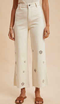 Anniewear - Stretch Eyelet Embroidery Detail Wide Leg Pants