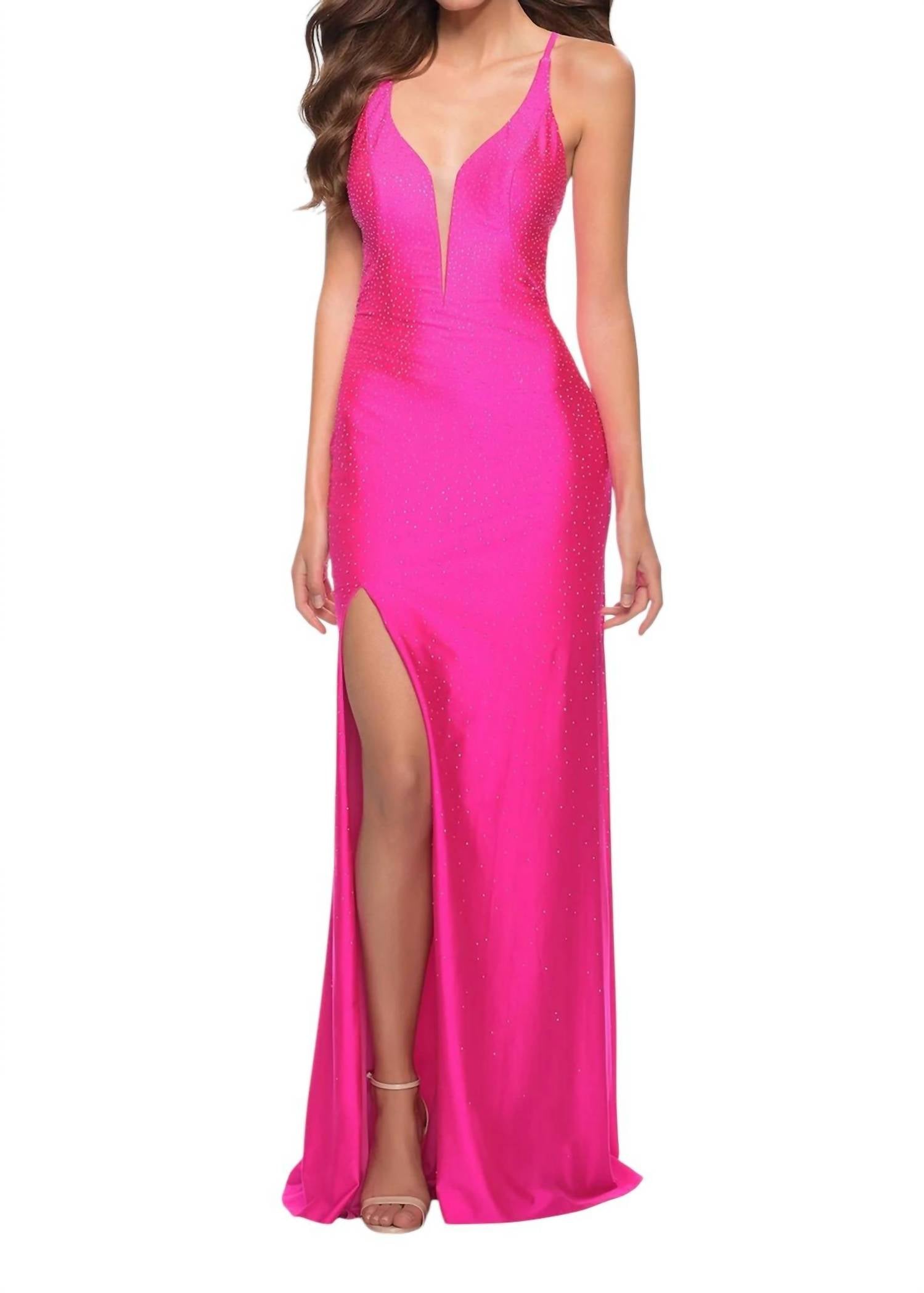La Femme - Rhinestone Plunge Neck Gown