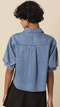 OLIVACEOUS Puff Sleeve Top in denim - women's blouse - alternate view