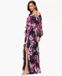 Xscape - Printed Asymmetrical Long-sleeve Maxi Dress