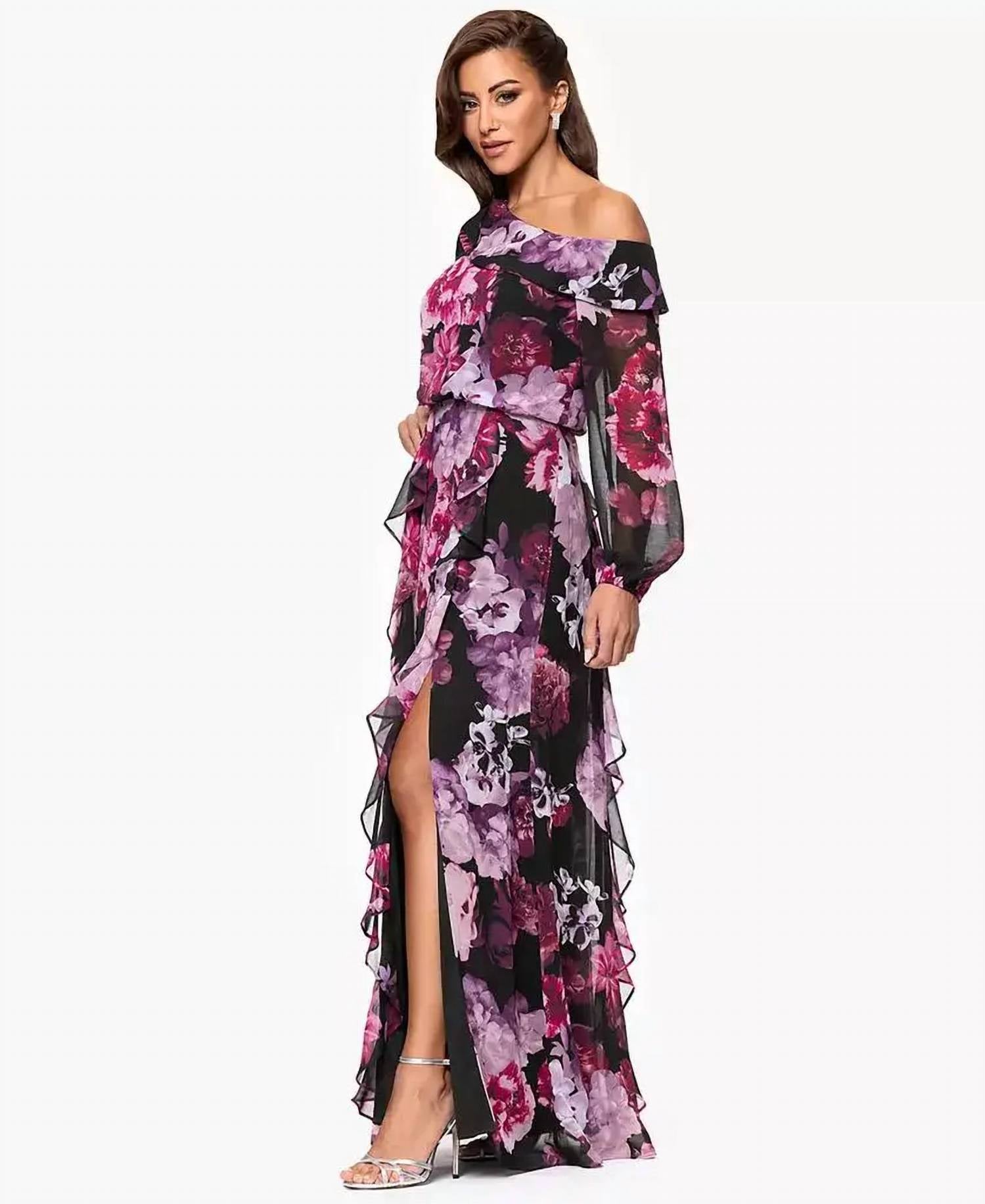 Xscape - Printed Asymmetrical Long-sleeve Maxi Dress