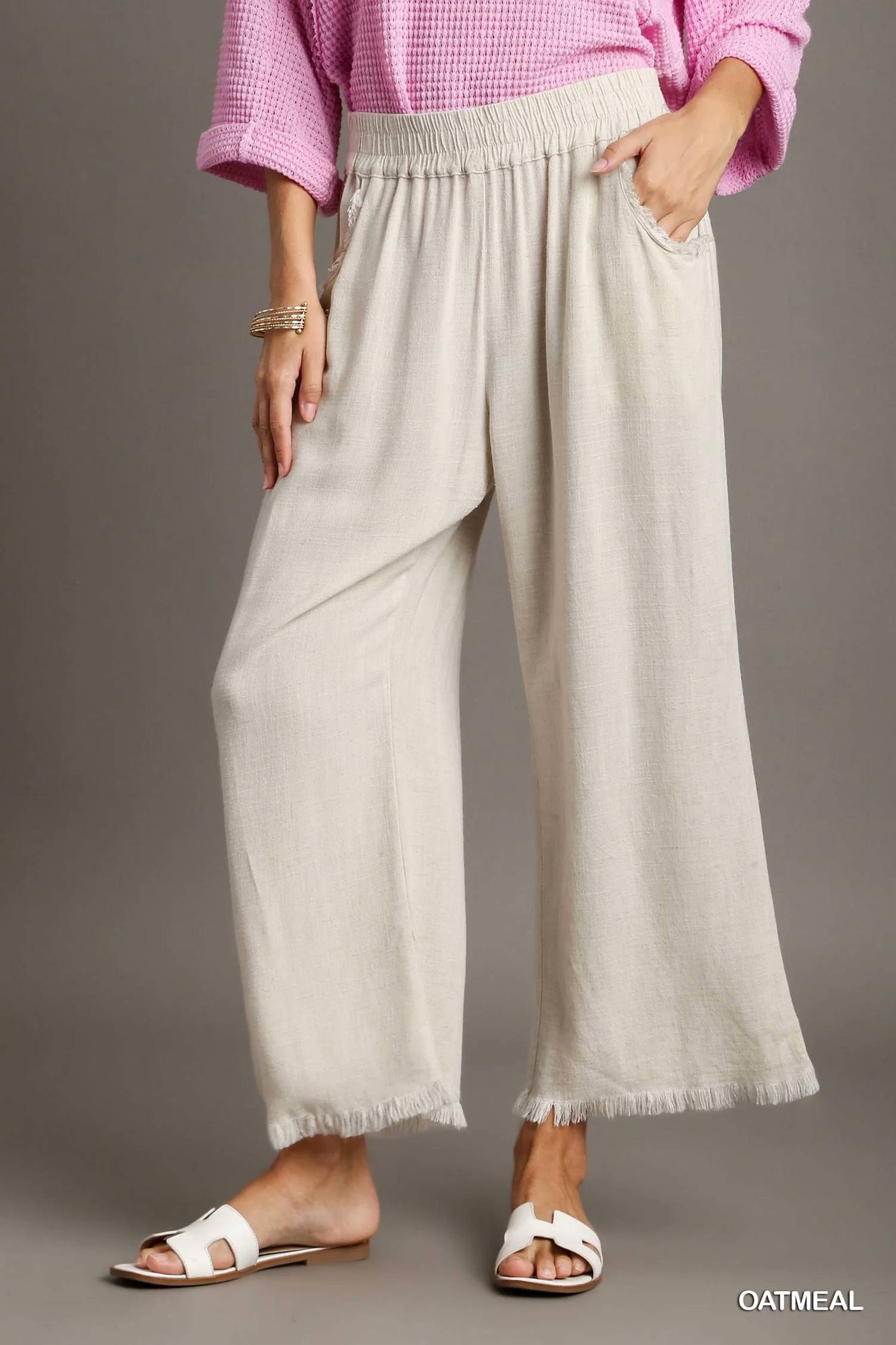 Umgee - Linen Blend Elastic Waist Wide Leg Pants