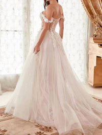 Cinderella Divine - Nova Off Shoulder Bustier Floral Applique Tulle Wedding Dress
