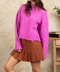 Fashion District La - Long Sleeve Mockneck Distressed Sweater