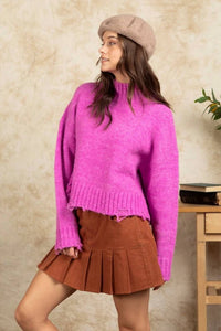 Fashion District La - Long Sleeve Mockneck Distressed Sweater