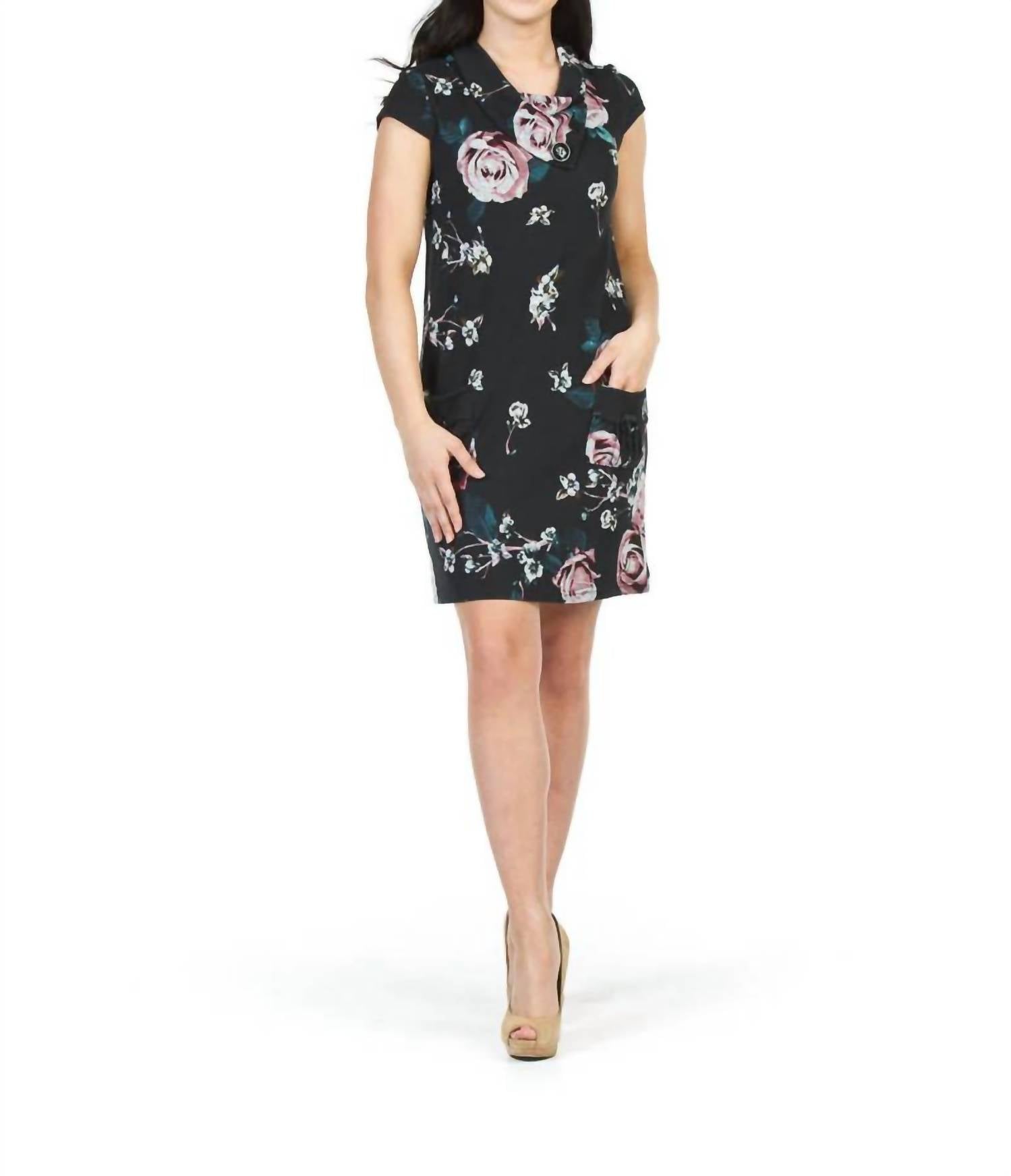 Papillon - Rose Print Sweater Dress With Foldover Collar
