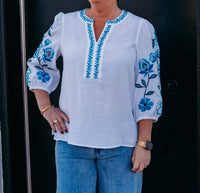 Multiples - 3/4 Puff Sleeve Embroidered Top