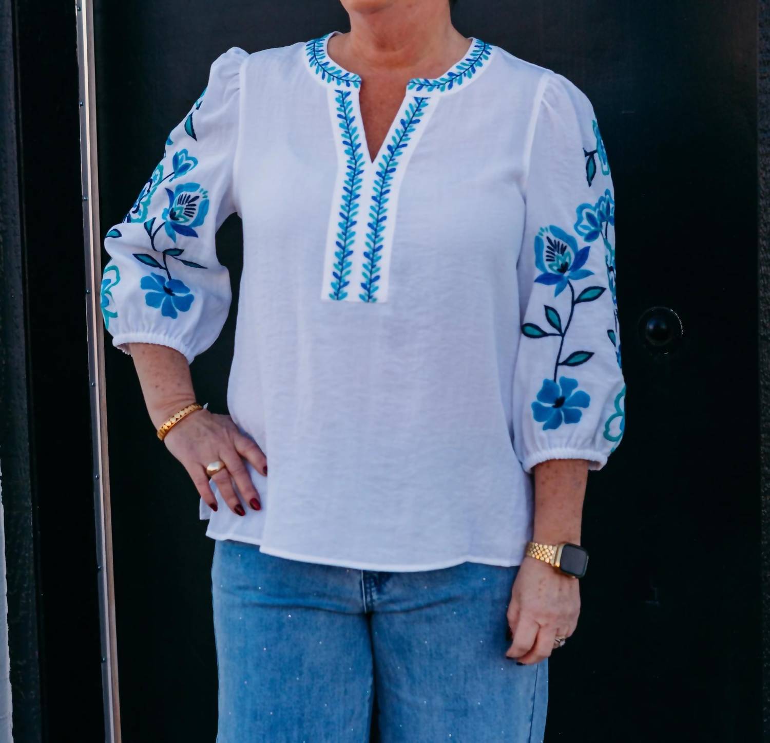 Multiples - 3/4 Puff Sleeve Embroidered Top