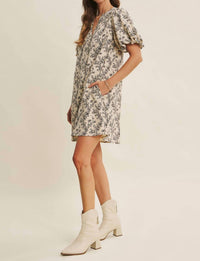 In February - Cream Mini A-line Dress With Black Floral Details - 'savannah Dress'