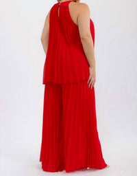 Karen T Design - Pleated Sleeveless Blouse And Elastic Waist Pleated Wide Leg Pants Set