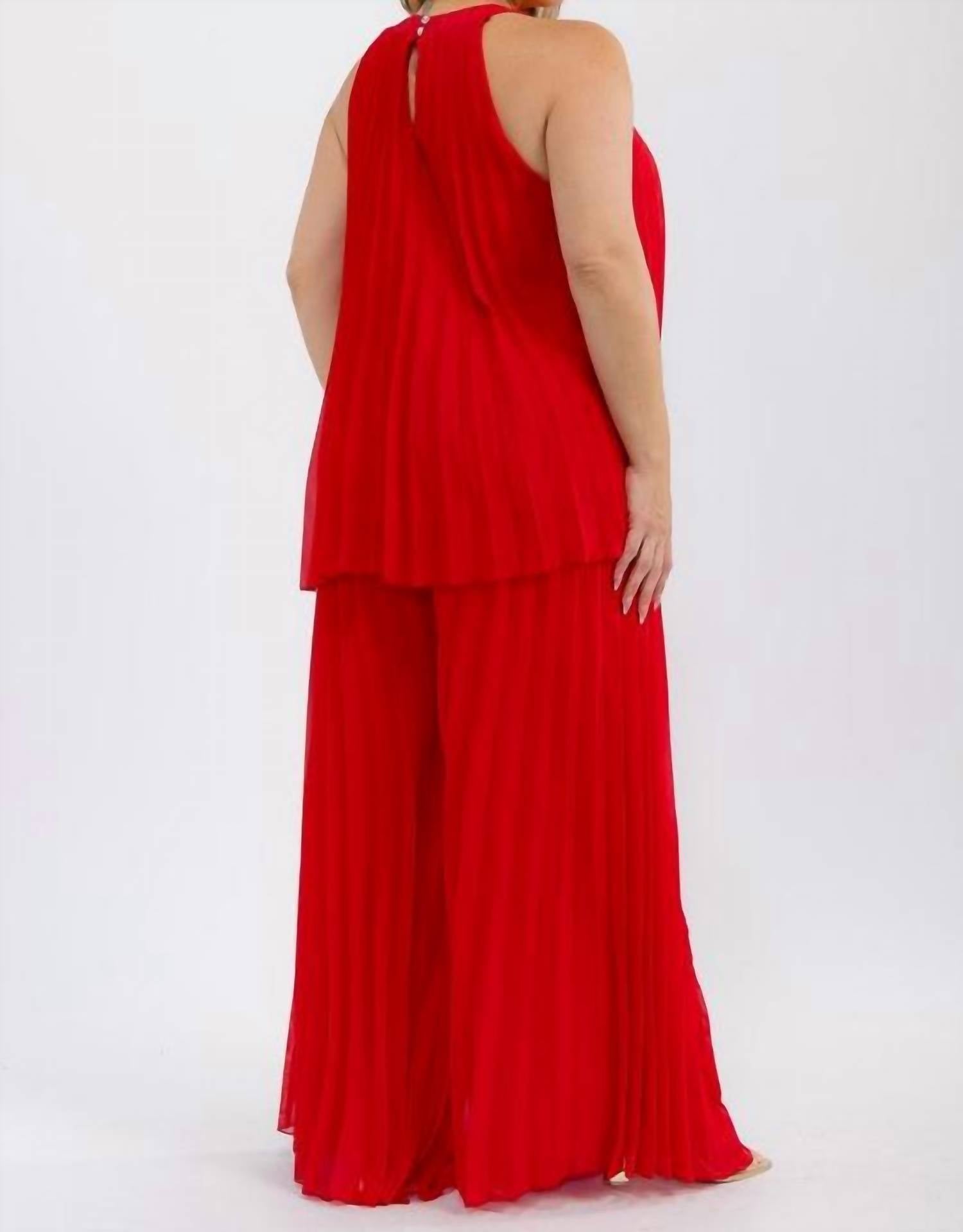 Karen T Design - Pleated Sleeveless Blouse And Elastic Waist Pleated Wide Leg Pants Set