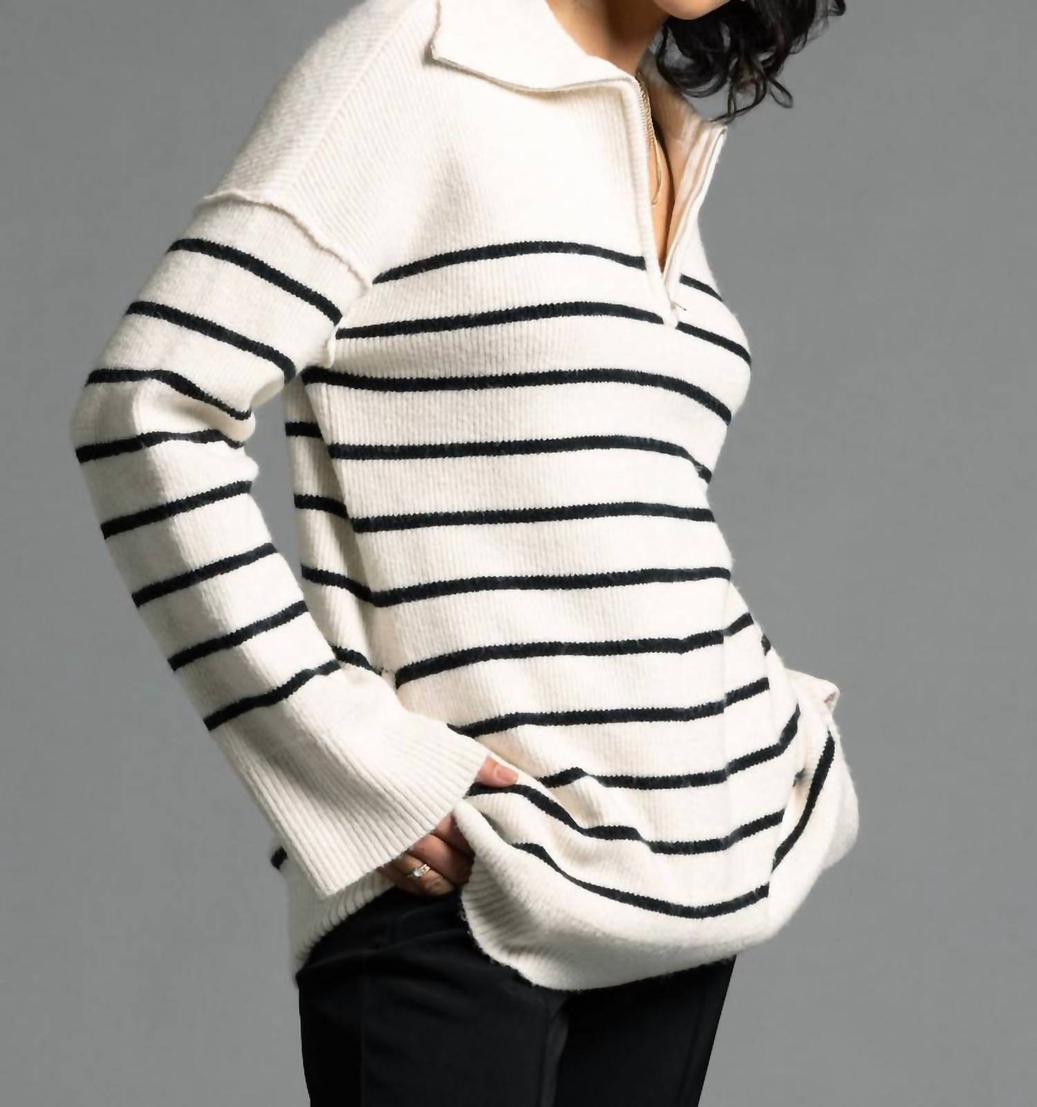 Weekend Los Angeles Coralie Zip Up Sweater in ivory black stripe - women's long sleeve top - view 5