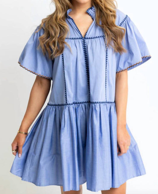 Karlie - Solid Vneck Contrast Embroided Trim Tier Dress